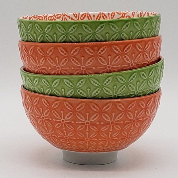 Now Designs Stamped Green/Orange and Orange/Black Porcelain 4pc Rice Bowl Set - Picture 2 of 13